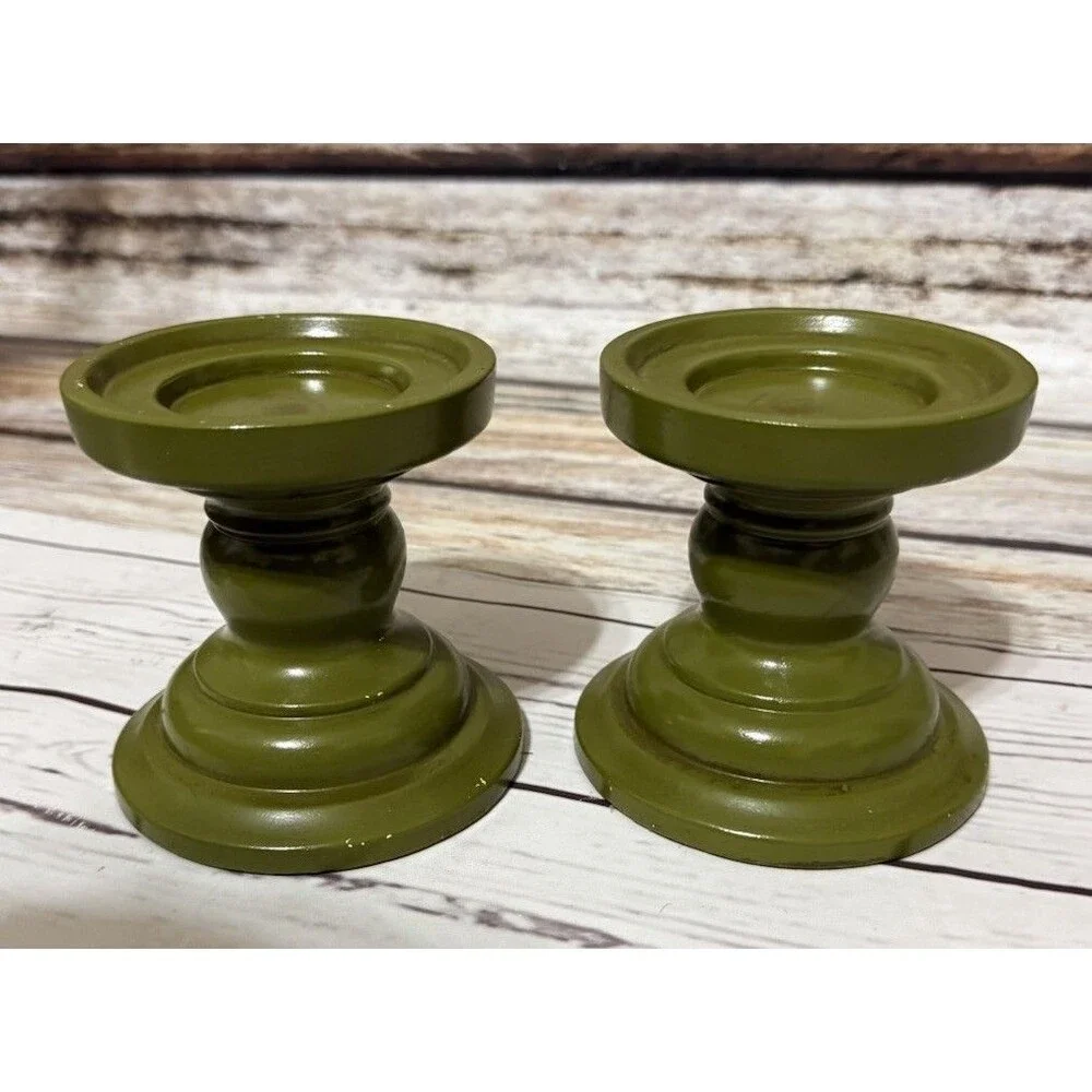 VINTAGE Pair ROUND WOODEN PEDASTAL CANDLE HOLDER Set Of Two Rainbow Products MCM